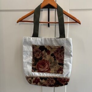 Floral Patchwork White Tote Bag with Olive Straps